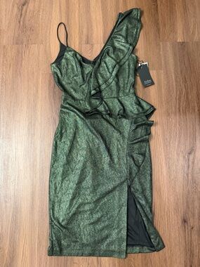 Aidan Mattox Metallic Green Ruffle One-Shoulder Dress